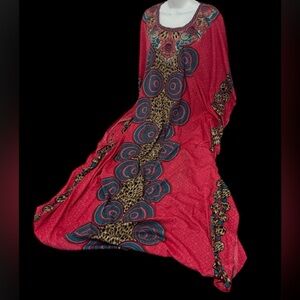 Vintage Style bohemian Red and Blue Patterned Maxi  oversized Dress